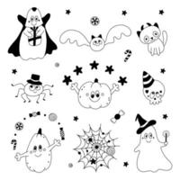 Set of cute kid doodle halloween design elements pumpkin ghost cat bat spiderweb skull vector