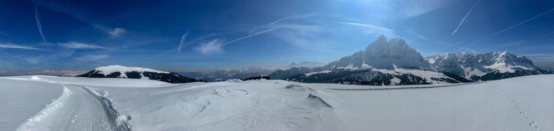 dolomites panorama landscape in snow winter time photo