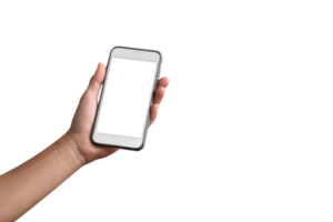 geïsoleerd Holding mobiel telefoon in hand- met knipsel paden. concept voor online marketing, aan het leren, winkelen, toepassingen, bankieren, streamen, chatten, vdo roeping, facetimes en verzekeringen. png