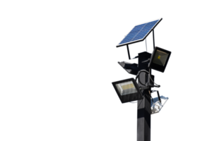 Mini solar cell panel to store and use the power from the sunlight with street lamps and bulbs at night, soft and selective focus. png