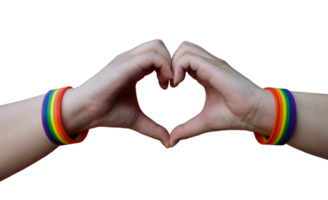 close up of male hands with gay pride rainbow awareness wristbands showing heart gesture with bluesky background. png