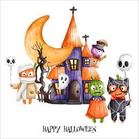 Cute pumpkin kids and Halloween Haunted house. Happy Halloween, watercolor vector illustration