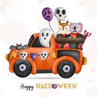 Halloween animals compositions illustration. Deer and elephant Halloween on car and friends vector