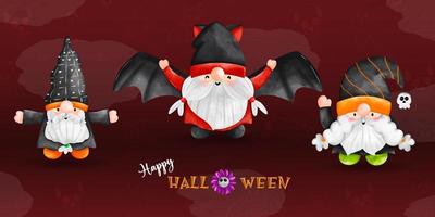 Happy cute Halloween Gnome, watercolor illustration. Little witch dwarf, Dracula gnome vector