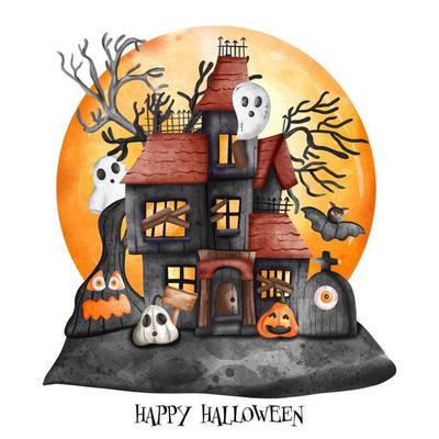 Halloween decoration. Halloween Haunted house and Tree and full moon. Halloween element.