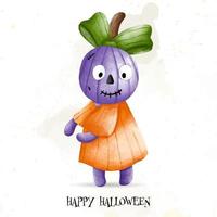 Isolated vector cartoon of Kid in Halloween pumpkin costume. Happy Halloween, watercolor vector illustration