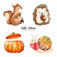 Cute Animal autumn watercolor, Thanksgiving Vector illustration, FAll theme set, Thanksgiving day