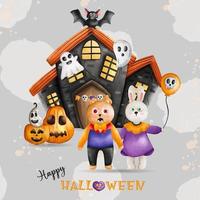 Halloween animals compositions and haunted house.  Bear witch and Bunny witch Halloween holiday vector