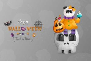 Happy Halloween, Trick and Triat. 31 Oct. Panda witch on skull. Halloween animal holiday