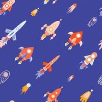 Space elements seamless pattern with cartoon spaceship, rockets, comet, falling star, fireball, meteorite, meteoroid on blue backdrop, arranged in diagonal line. Vector illustration for children.