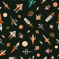 Seamless pattern with cool rockets and meteor elements on black nights. Playful vector illustration for unisex children.