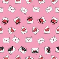 Seamless pattern with cute mails arranged in line on pink background. Doodle style for surface design. Hand drawn vector illustration.