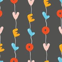 Seamless pattern with colorful balloons in the form of love lettering on dark background. Line vector cute illustration. Valentines Day background.