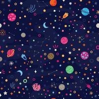 Seamless pattern with colourful space with planets, comets, constellations and stars. Night sky hand drawn astronomical elements. Cool design unisex illustration for children collection. vector