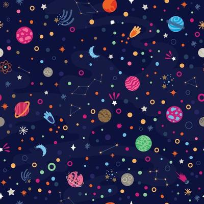 Seamless pattern with colourful space with planets, comets, constellations and stars. Night sky hand drawn astronomical elements. Cool design unisex illustration for children collection.