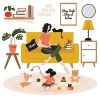 Woman sitting on the couch with cat, daughter playing with cute corgi on the floor, indoor in living room. Young mother working from house. Multitasking busy single Mom. vector