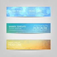 Set of banners with a polygonal geometric background with different design elements and colors. Design of flyers, banners, brochures and cards, Corporate Identity, Advertising printing. vector
