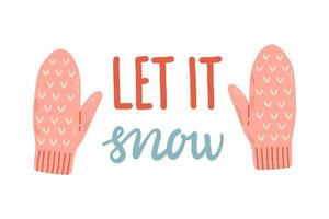 Winter woolen mittens lettering flat design vector illustration