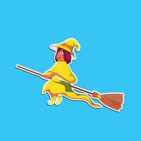 witch riding broomstick cartoon character sticker vector