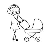 Doodle figure woman. Cute stick mother with baby stroller. Vector illustration isolated on white