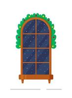Vector illustration of a winter arched window. Hungry winter night. Winter atmosphere.