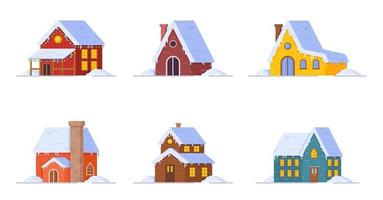 Vector illustration of set winter house. The first snow. Snow-covered houses.