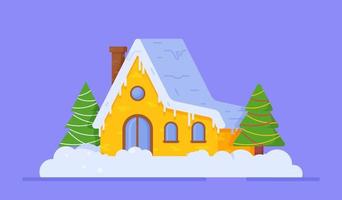 una hermosa casa cubierta de nieve y decorada con árboles de navidad. ilustración vectorial de una casa amarilla de invierno. vector