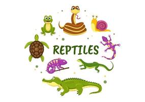 conjunto de plantilla de reptil animal ilustración plana de dibujos animados dibujados a mano con varios tipos de concepto de animales reptiles vector