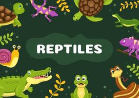 conjunto de plantilla de reptil animal ilustración plana de dibujos animados dibujados a mano con varios tipos de concepto de animales reptiles vector