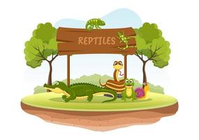 conjunto de plantilla de reptil animal ilustración plana de dibujos animados dibujados a mano con varios tipos de concepto de animales reptiles vector