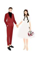wedding couple holding hands in casual red suit and dress flat style vector