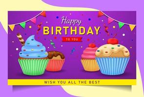 Happy birthday greeting card with cake and ribbon vector