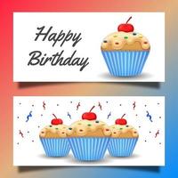 Happy birthday greeting card and banner with cake and ribbon on white background vector