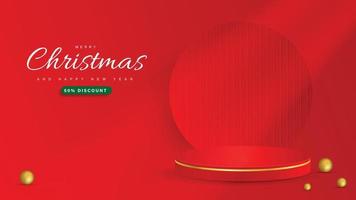 Merry christmas banner with product display and minimal festive decorations for christmas red background. Vector illustrator