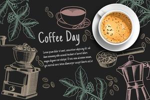 coffee cup on blackboard colorful chalk scribbles ,top view.3d realistic coffee cup background  illustration retro style.