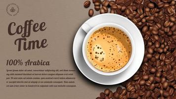 anuncios de pancartas de café estilo marrón retro con café con leche y granos de café 3d realista simple. vector