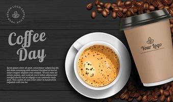 plantilla de estilo retro de anuncios de café con café para llevar, taza de café y granos de café en la mesa de madera superior ilustración 3d realista. vector