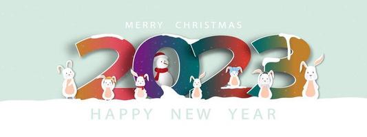 Happy new year and Merry Christmas 2023 with cute Rabbit,Snow man paper cut on green background. Vector Design with colour trends for greeting card wishes, Brochure design template, card, banner