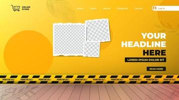 Promotion sale landing page template with wooden floor and wall concept vector