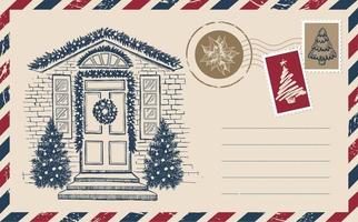 correo de navidad, postal, ilustración dibujada a mano. vector