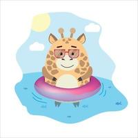 animales divertidos alrededor de jirafa en el mar en un círculo inflable ilustraciones de verano para niños impresión de postal vector