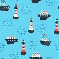 Ships and a lighthouse at sea. Seamless pattern vector