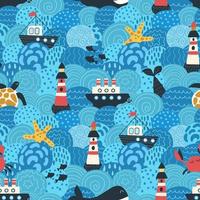 sea, boats and lighthouse. Vector illustration, seamless pattern