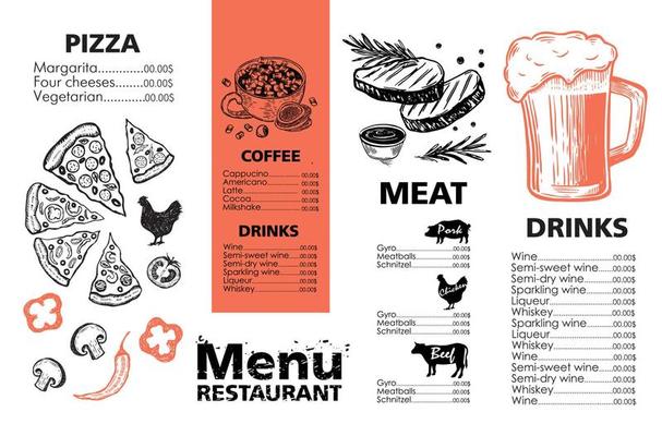 Menu template design for restaurant, sketch illustration. Vector.