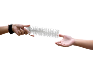 two hands of human sending and receiving the empty plastic drinking water bottle with cloudy bluesky background. concept for helping to reduce using plastic bottles to save the environment. png