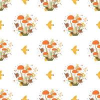 Fall mushroom pattern. Forest mushroom seamless pattern. Autumn mushroom with leaves, flowers berry bird. Autumn background. Floral mushroom repeated card, print, paper, wallpaper vector illustration.