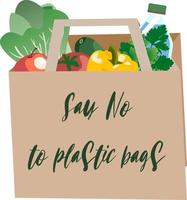 Paper bag with vegetables. Text Say no to plastic bags vector