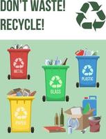 Vertical educational poster with garbage cans. Sorted garbage, metal, plastic, paper, glass, compost. vector