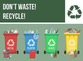 Horizontal educational poster with garbage cans. Sorted garbage. Metal, plastic, paper, glass. vector