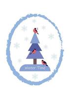 Postcard winter time with Christmas tree and bullfinch. vector illustration